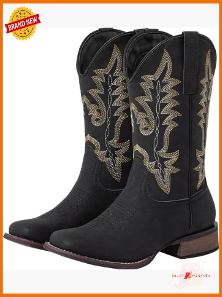Square Toe Cowboy Boots With Block Heel Embroidered Pull-On